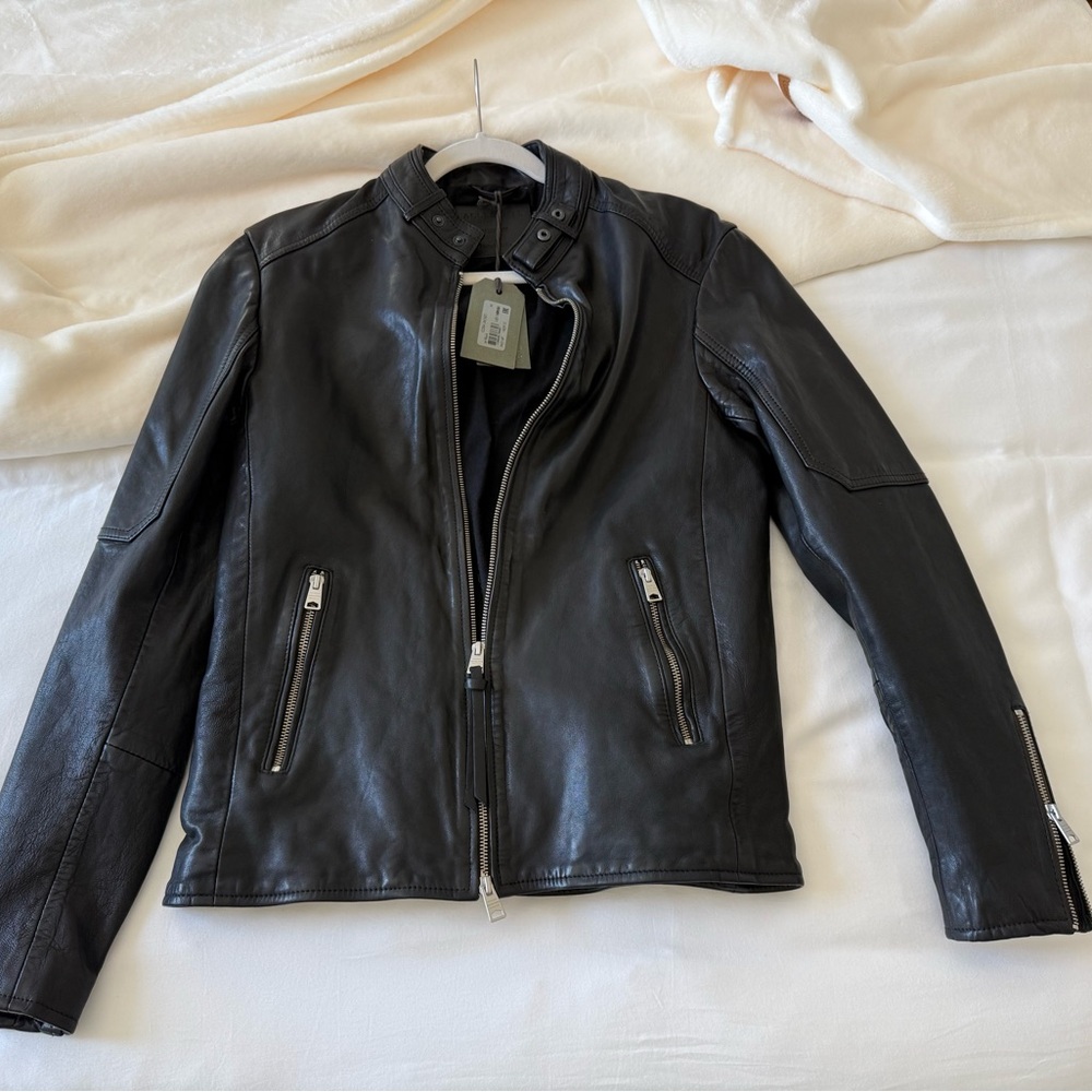 Men’s AllSaints Black Leather Zip Front Bomber Jacket - Picture 3 of 4